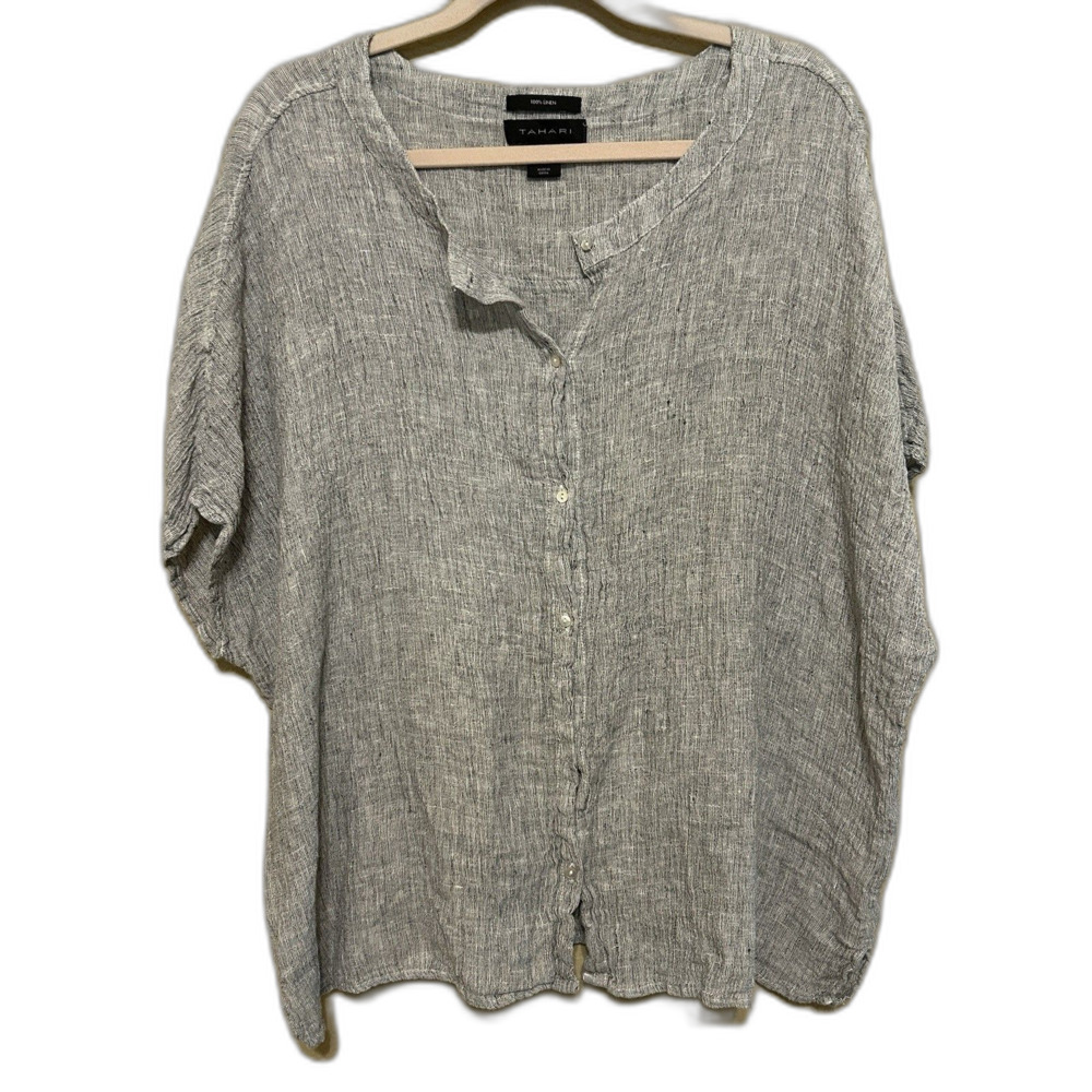 Tahari  100% Linen Boxy Button Up Gauzy Top Women Large Black White Oversized
